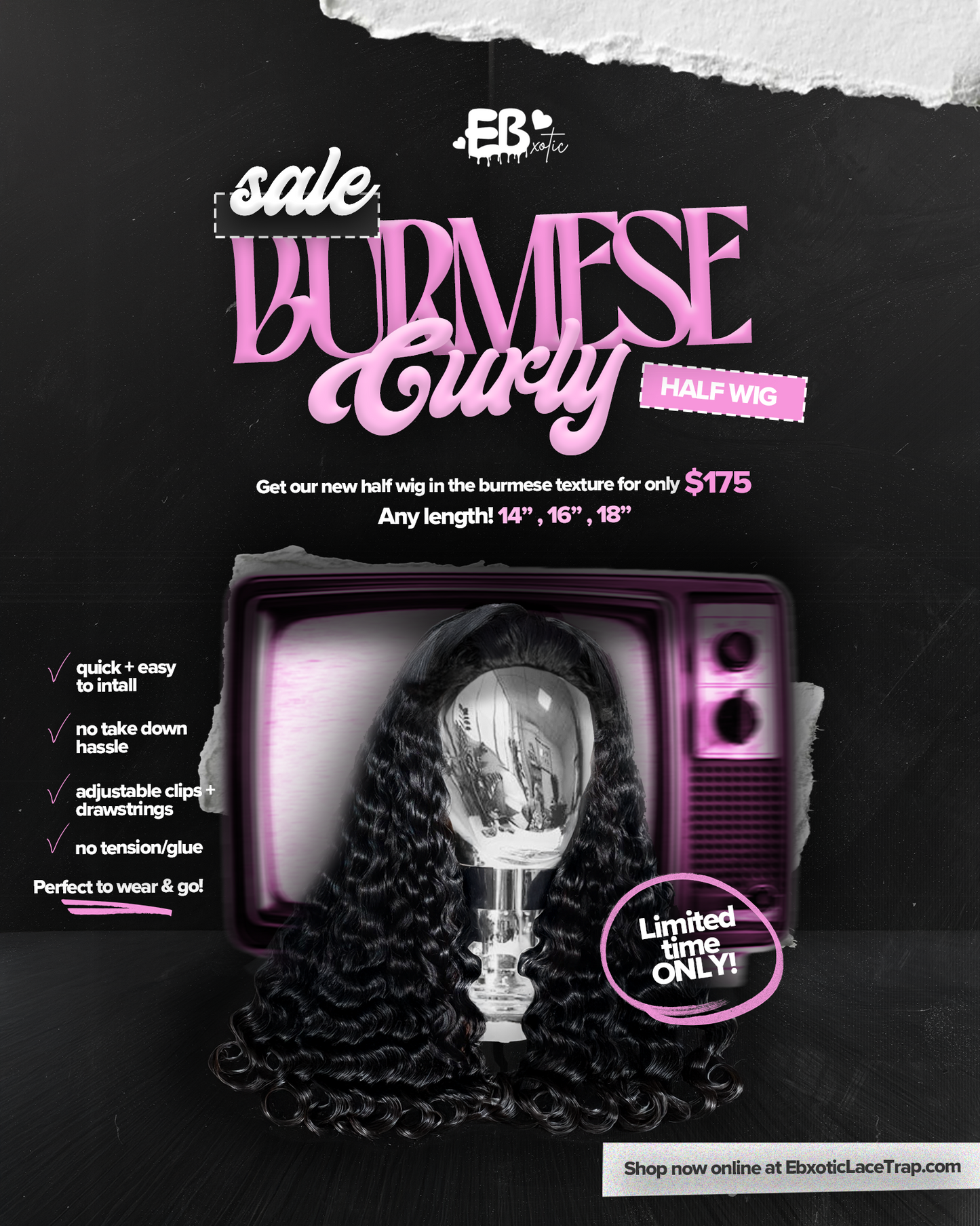 Burmese Curly Half Wig SALE